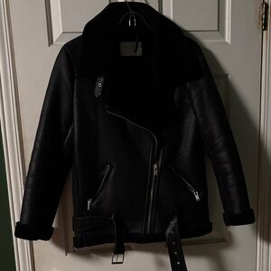 Zara Black Leather Jacket with Belted Detail